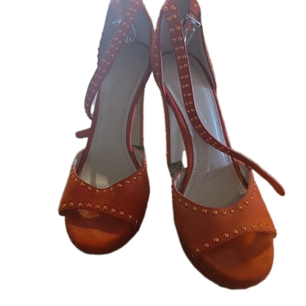 BCBG OPEN TOE Metal spikes STILETTO SANDALS Orange ankle strap size 6.5